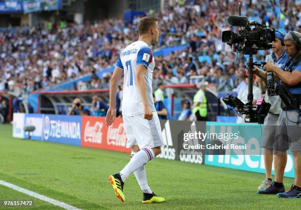 Alfred Finnbogason of Iceland celebrates after scoring his team's first goal during the 2018 FIFA World Cup Russia group D match between Argentina...