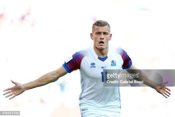 Alfred Finnbogason of Iceland celebrates after scoring his team's first goal during the 2018 FIFA World Cup Russia group D match between Argentina...