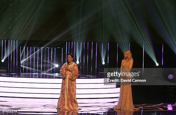 Nawal El Moutawakel becomes emotional while accepting her " Lifetime Acheivement" award on stage during the Laureus World Sports Awards 2010 at...