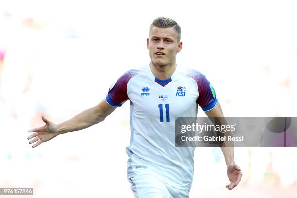 Alfred Finnbogason of Iceland celebrates after scoring his team's first goal during the 2018 FIFA World Cup Russia group D match between Argentina...