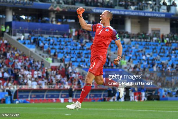 Hannes Halldorsson of Iceland celebrates after team mate Alfred Finnbogason scored his team's first goal during the 2018 FIFA World Cup Russia group...