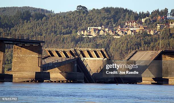 Bridge that was damaged by the February 27th earthquake is seen on March 9, 2010 in Concepcion, Chile. Food, water and electricity continue to arrive...