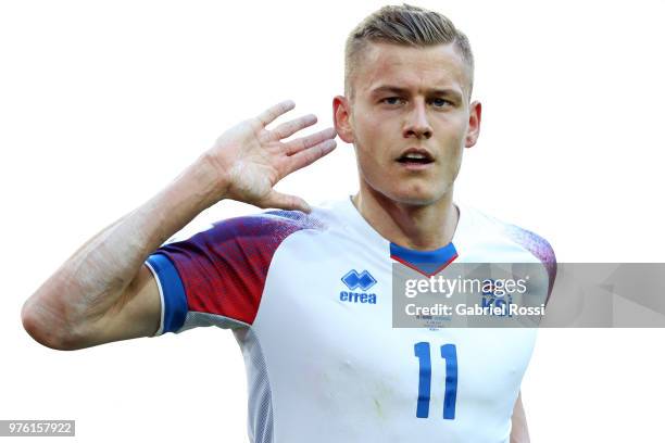 Alfred Finnbogason of Iceland celebrates after scoring his team's first goal during the 2018 FIFA World Cup Russia group D match between Argentina...