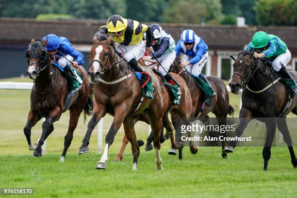 James Doyle riding Haddaf win The Randox Health Scurry Stakes at Sandown Park Racecourse on June 16, 2018 in Esher, United Kingdom.