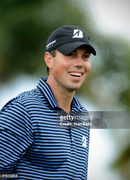 Matt Kuchar smiles on the practice range during practice for the World Golf Championships-CA Championship at Doral Golf Resort and Spa on March 10,...