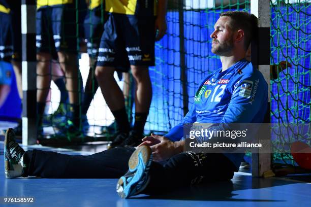 June 2018, Germany, Mannheim: Handball, Bundesliga, Rhein-Neckar Loewen vs SC DHfK Leipzig at SAP-Arena: Goalkeeper Andreas Palicka of Rhein-Neckar...