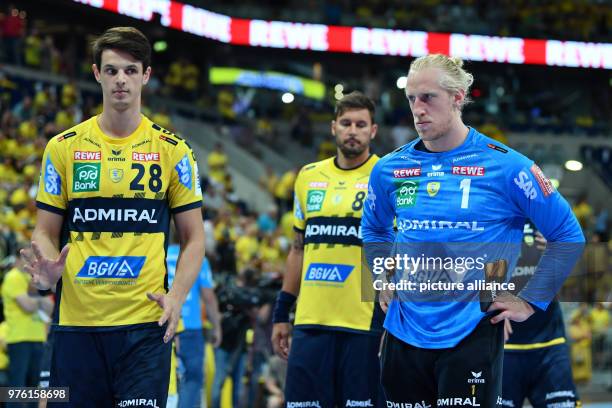 June 2018, Germany, Mannheim: Handball, Bundesliga, Rhein-Neckar Loewen vs SC DHfK Leipzig at SAP-Arena: Filip Taleski , Kristian Bliznac and...