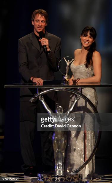 Tony Hawk and Michelle Rodriguez on stage during the Laureus World Sports Awards 2010 at Emirates Palace Hotel on March 10, 2010 in Abu Dhabi, United...