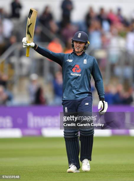 Jason Roy of England celebrates reaching his century during the 2nd Royal London ODI between England and Australia at SWALEC Stadium on June 16, 2018...