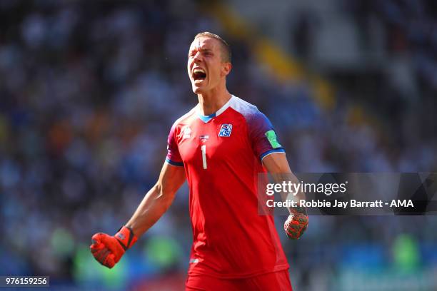 Hannes Halldorsson of Iceland celebrates after team-mate Alfred Finnbogason scored to make it 1-1 during the 2018 FIFA World Cup Russia group D match...