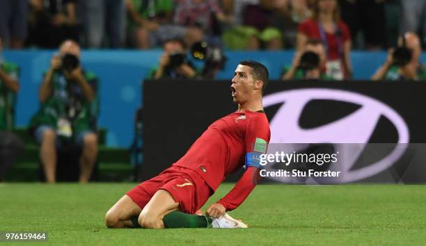 Portugal player Cristiano Ronaldo celebrates his second goal during the 2018 FIFA World Cup Russia group B match between Portugal and Spain at Fisht...