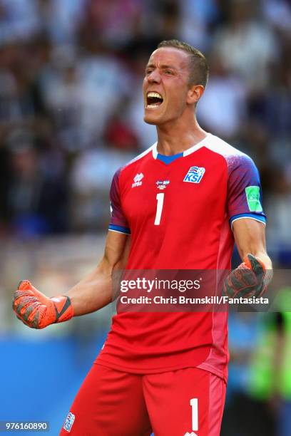 Hannes Halldorsson of Iceland celebrates his sides first goal during the 2018 FIFA World Cup Russia group D match between Argentina and Iceland at...