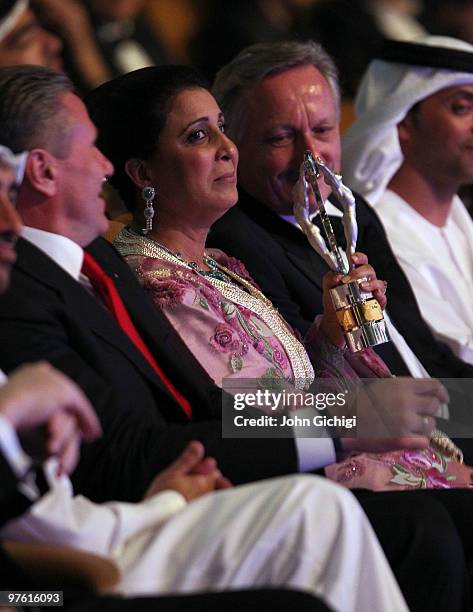 Nawal El Moutawakel becomes emotional while accepting her " Lifetime Acheivement" award on stage during the Laureus World Sports Awards 2010 at...