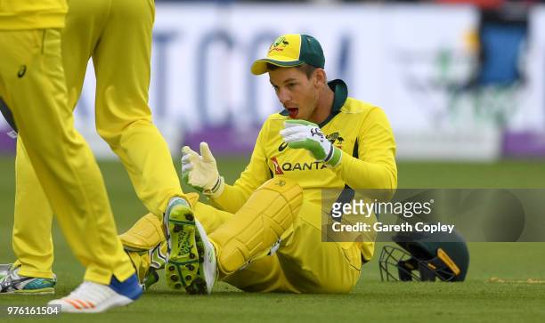Australia captain Tim Paine receives a treatment after being hit in the face during the 2nd Royal London ODI between England and Australia at SWALEC...