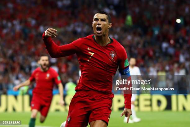 Cristiano Ronaldo of Portugal celebrates after scoring his team's first goal during the 2018 FIFA World Cup Russia group B match between Portugal and...