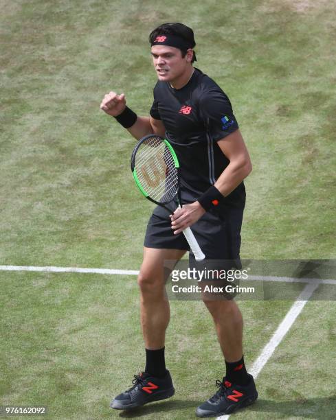 Milos Raonic of Canada celebrates after match against Lucas Pouille of France during day 6 of the Mercedes Cup at Tennisclub Weissenhof on June 16,...
