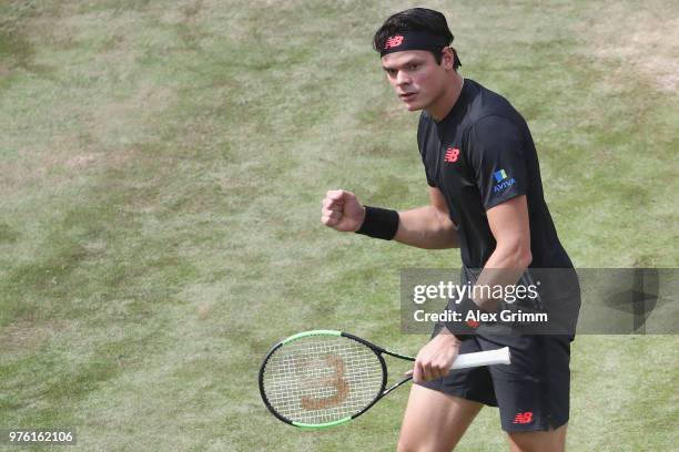 Milos Raonic of Canada celebrates after match against Lucas Pouille of France during day 6 of the Mercedes Cup at Tennisclub Weissenhof on June 16,...