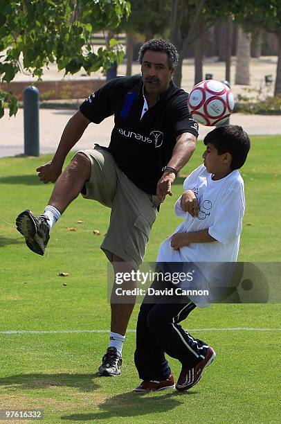 Laureus Sports Academy member Daley Thompson in action during the Laureus Sport for Good Football Tournament at Emirates Palace Hotel on March 10,...