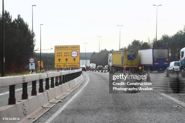 Roadworks during M1 widening project between junctions 25 and 28, Nottinghamshire, UK, February 2008.