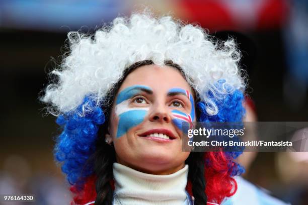 An Iceland fan looks on before 2018 FIFA World Cup Russia group D match between Argentina and Iceland at Spartak Stadium on June 16, 2018 in Moscow,...