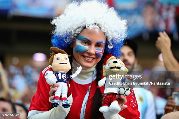 An Iceland fan looks on before 2018 FIFA World Cup Russia group D match between Argentina and Iceland at Spartak Stadium on June 16, 2018 in Moscow,...