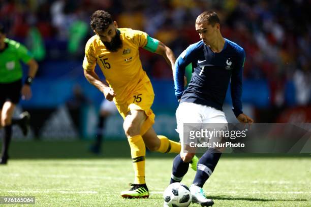 Mile Jedinak of Australia vies Antoine Griezman of France, during the 2018 FIFA World Cup Russia group C match between France and Australia at Kazan...