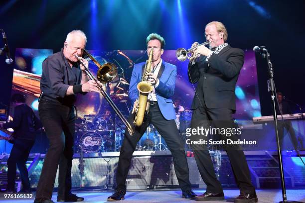Musicians James Pankow, Ray Herrmann and Lee Loughnane of the classic rock band Chicago perform onstage at The Forum on June 15, 2018 in Inglewood,...