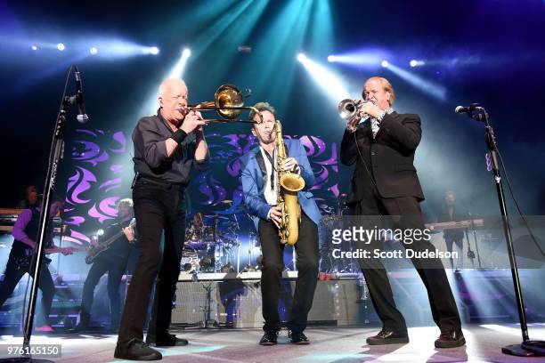 Musicians James Pankow, Ray Herrmann and Lee Loughnane of the classic rock band Chicago perform onstage at The Forum on June 15, 2018 in Inglewood,...