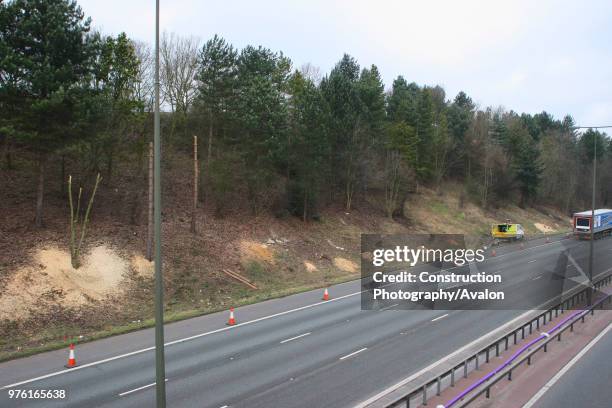 Tree clearance during M1 widening programme between junctions 25 and 28, Nottinghamshire, UK.