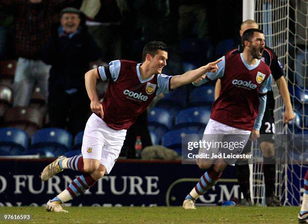 David Nugent of Burnley celebrates scoring the equalizing goal during the Barclays Premier League match between Burnley and Stoke City at Turfmoor...