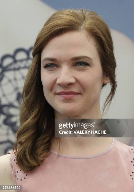 French actress Odile Vuillemin poses during a photocall for the TV serie "Né sous silence" as part of the 58th Monte-Carlo Television Festival on...