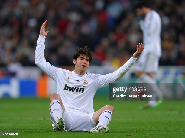 Kaka of Real Madrid reacts during the UEFA Champions League round of 16 second leg match between Real Madrid and Lyon at the Estadio Santiago...