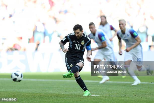 Lionel Messi of Argentina misses a penalty during the 2018 FIFA World Cup Russia group D match between Argentina and Iceland at Spartak Stadium on...
