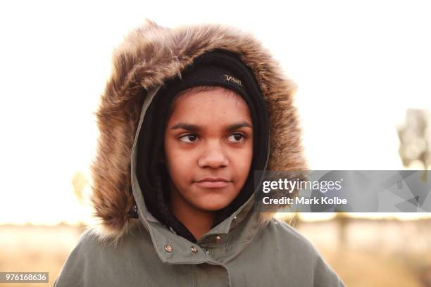 Chermeeka Fernando of Port Macquarie watches on as she waits to run in the Deadly Fun Run during the the National Deadly Fun Run Championships on...