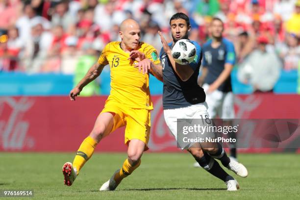 Midfielder Aaron Mooy of Australia National team and forward Nabil Fekir of France National team duringa Group C 2018 FIFA World Cup soccer match...