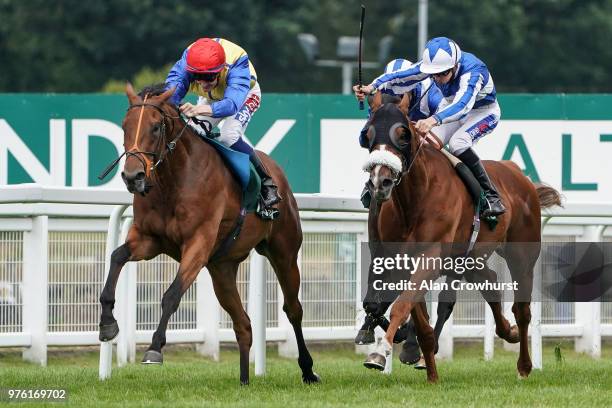 Fran Berry riding Via Serendipity win The Randolx Health Handicap Stakes at Sandown Park Racecourse on June 16, 2018 in Esher, United Kingdom.