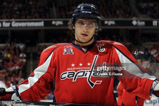 Alex Ovechkin of the Washington Capitals rests during a break in the game against the New York Rangers March 6, 2010 at the Verizon Center in...