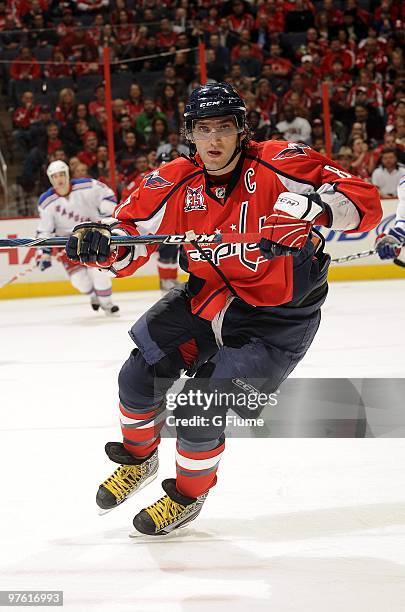 Alex Ovechkin of the Washington Capitals skates down the ice against the New York Rangers March 6, 2010 at the Verizon Center in Washington DC.