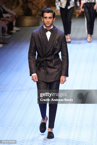 Maharaja Padmanabh Singh walks the runway at the Dolce & Gabbana show during Milan Men's Fashion Week Spring/Summer 2019 on June 16, 2018 in Milan,...