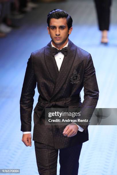 Maharaja Padmanabh Singh walks the runway at the Dolce & Gabbana show during Milan Men's Fashion Week Spring/Summer 2019 on June 16, 2018 in Milan,...