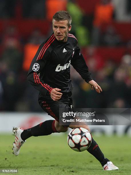 David Beckham of AC Milan in action during the UEFA Champions League First Knockout Round Second Leg match between Manchester United and AC Milan at...