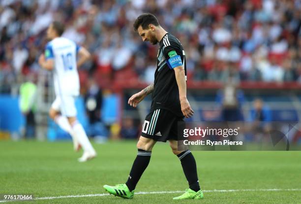 Lionel Messi of Argentina looks on during the 2018 FIFA World Cup Russia group D match between Argentina and Iceland at Spartak Stadium on June 16,...