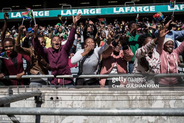 The crowd reacts to the South African President as he arrives at the 2018 National Youth Day Commemoration under the theme, 'Live the legacy: Towards...