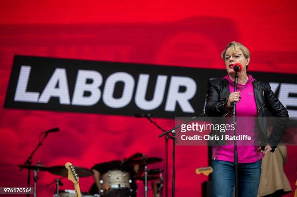 Comedian Eddie Izzard speaks on the main stage at Labour Live, White Hart Lane, Tottenham on June 16, 2018 in London, England. The first Labour Live...