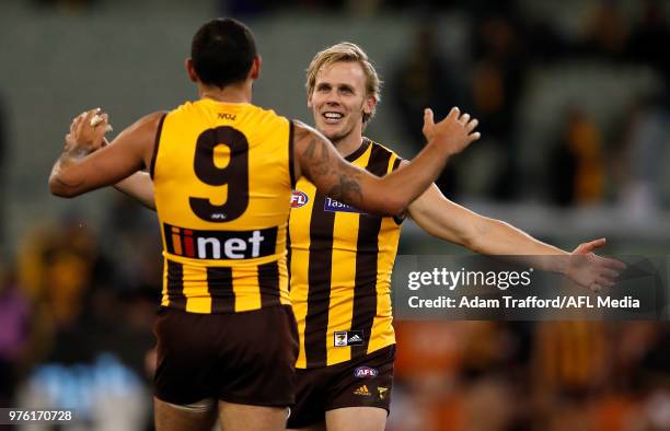 Shaun Burgoyne of the Hawks celebrates after his 350th game with Will Langford of the Hawks during the 2018 AFL round 13 match between the Hawthorn...