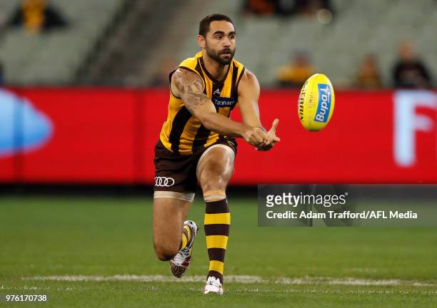 Shaun Burgoyne of the Hawks in action in his 350th match during the 2018 AFL round 13 match between the Hawthorn Hawks and the Adelaide Crows at the...