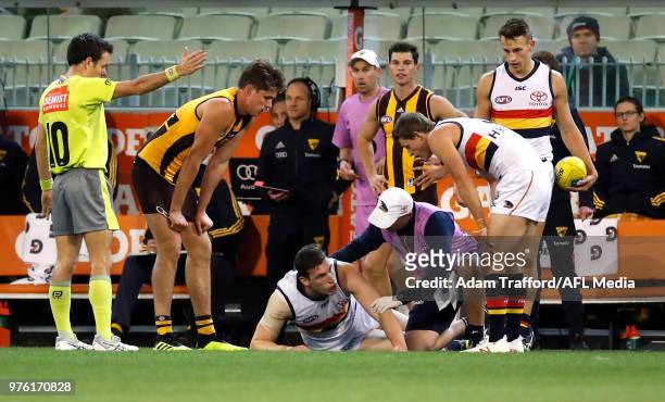 Josh Jenkins of the Crows is seen recovering after hitting his head on the ground during the 2018 AFL round 13 match between the Hawthorn Hawks and...