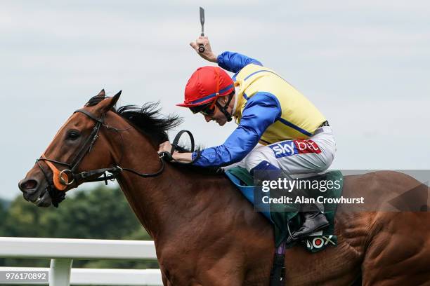 Fran Berry riding Via Serendipity win The Randolx Health Handicap Stakes at Sandown Park Racecourse on June 16, 2018 in Esher, United Kingdom.