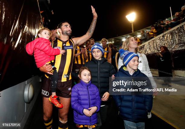 Shaun Burgoyne of the Hawks thanks fans with his kids after his 350th game during the 2018 AFL round 13 match between the Hawthorn Hawks and the...