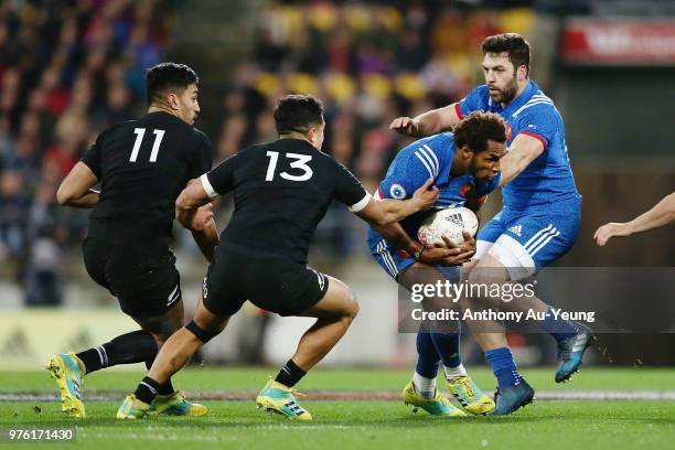 Benjamin Fall of France on the charge against Anton Lienert-Brown of the All Blacks during the International Test match between the New Zealand All...